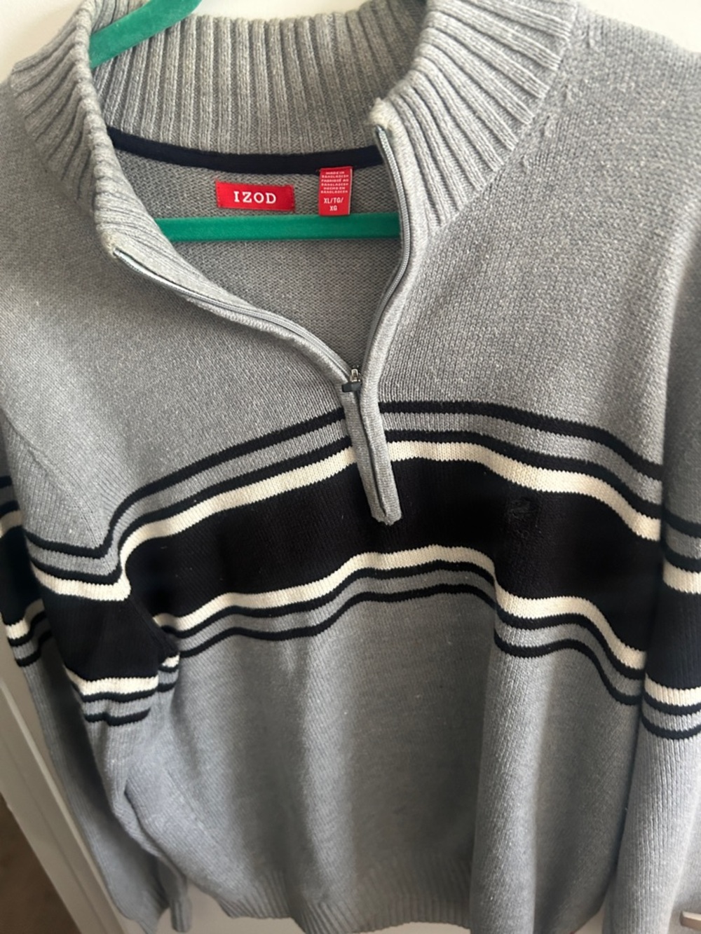 Izod Men’s Gray Quarter-Zip Sweater with Black and White Stripes - Size XL - Picture 3 of 3